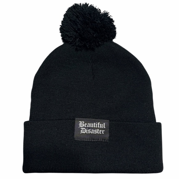 NEW Beautiful Disaster “Perfectly Imperfect” Black Pom Pom Beanie-One Size - Picture 3 of 4